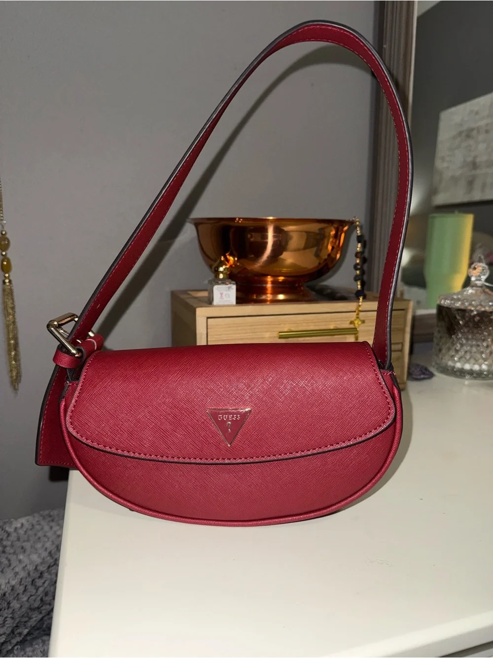 GUESS Red Shoulder Bag with Triangular Logo